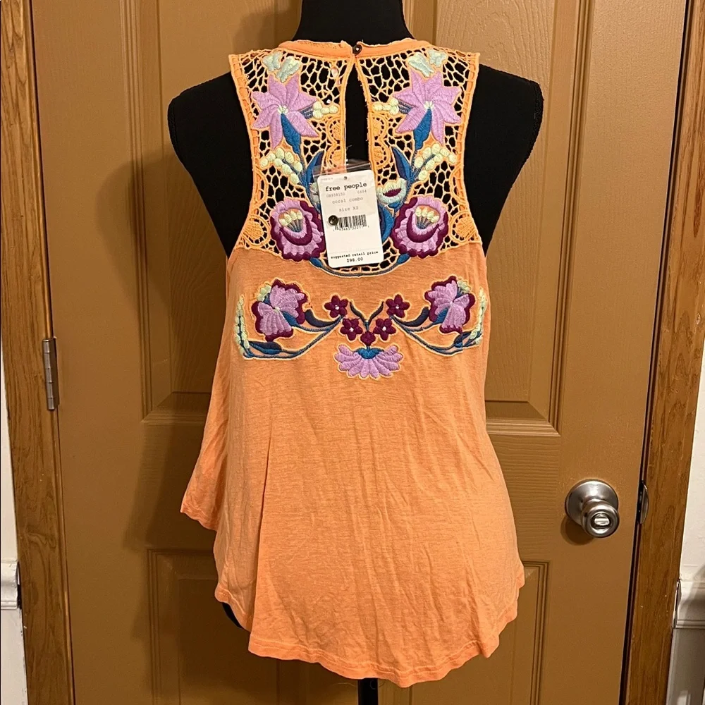 Free People Coral Crochet Neck Floral Embroidered Sleeveless Top